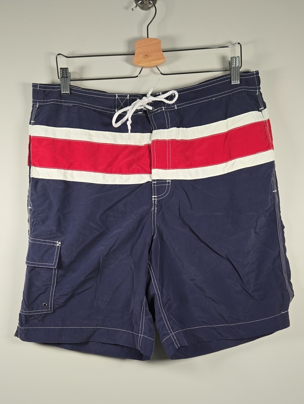 Chaps Navy Board Shorts with Red & White Stripe Band